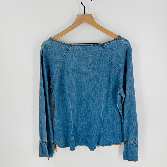 French Kuff Vintage Denim Lace-Up Peasant Top Long Sleeve Boho Size Large - Picture 2 of 7
